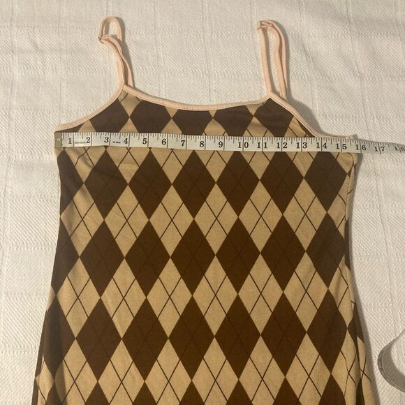 SHEIN Halter Brown Argyle Mini Dress Adjustable Straps Size L 8/10 - Picture 6 of 10